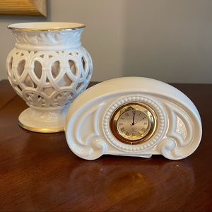 New Lenox Miniature Quartz Clock and Votive Candle Holder with Gold Accents